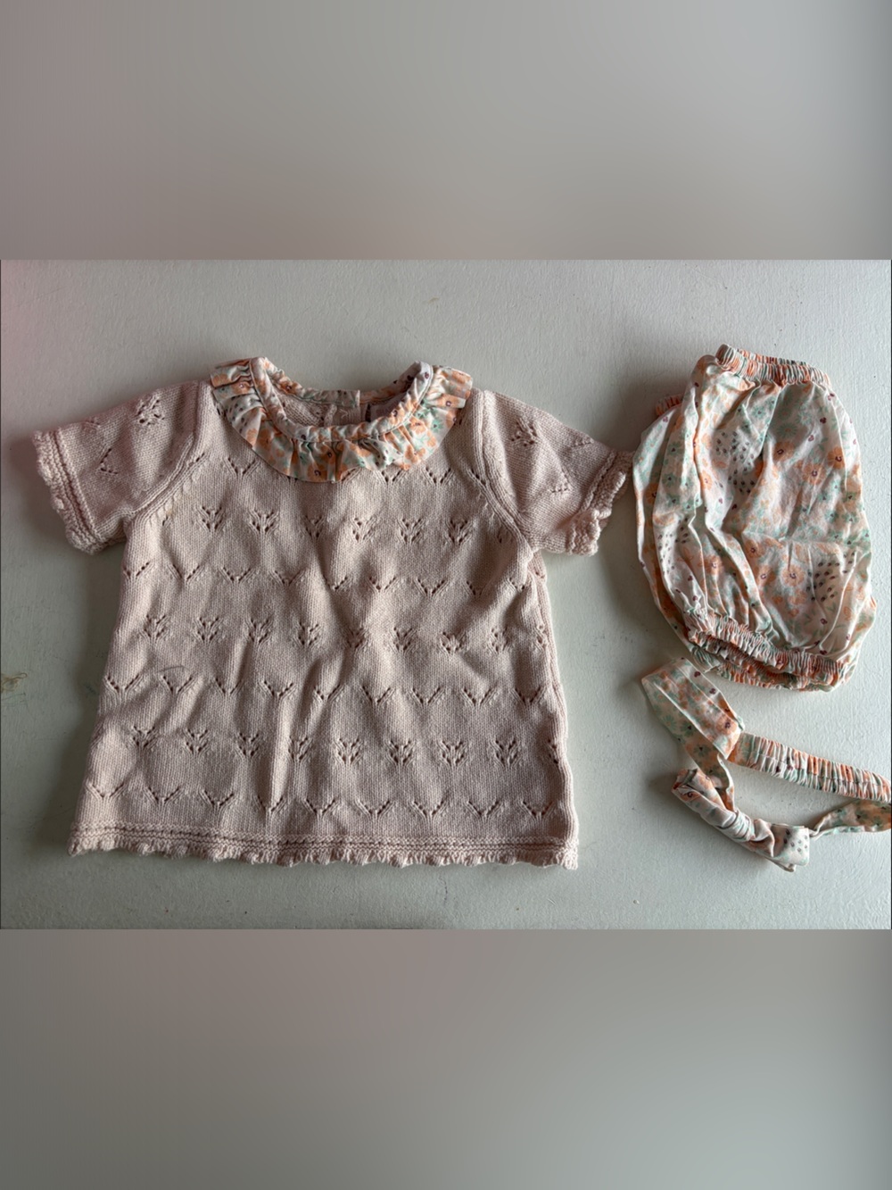 Shabby Chic Pink Knit Heart Top with Floral Collar and Bloomers